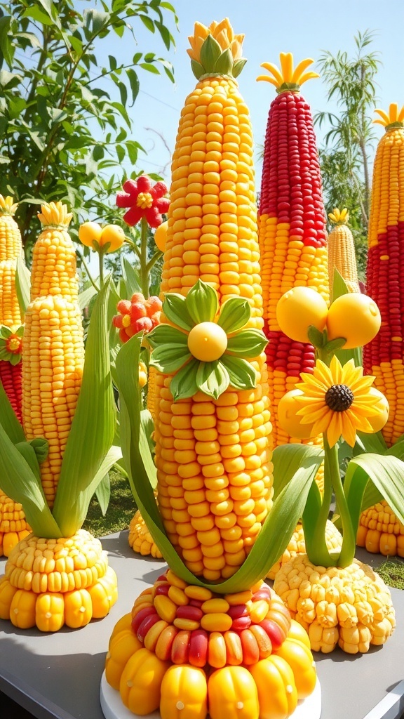 Colorful 3D corn art sculptures made from corn kernels and husks in a natural setting.